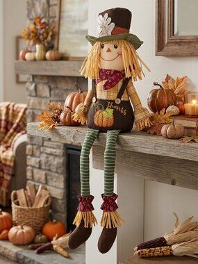 Vintage Style Plush Scarecrow Shelf Sitter Fall Thanksgiving Decor Give Thanks